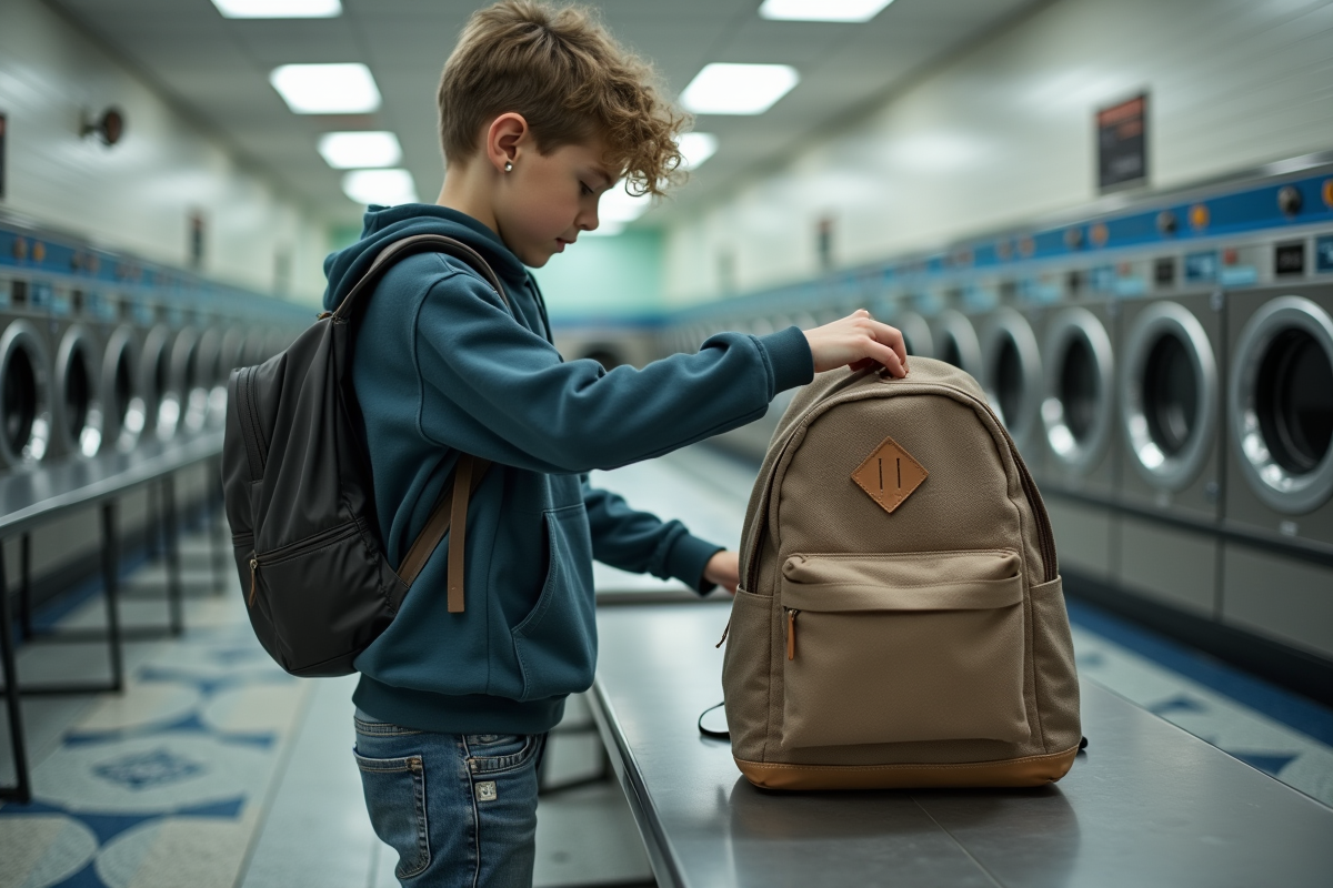 Adolescent nettoyant un sac à dos dans une laverie