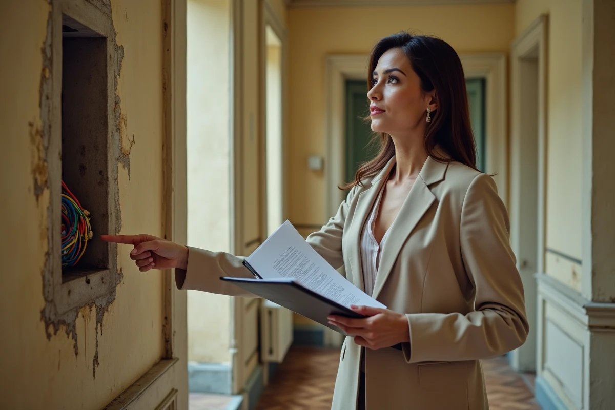 Agent immobilier signalant une installation électrique non conforme dans un couloir d'immeuble ancien