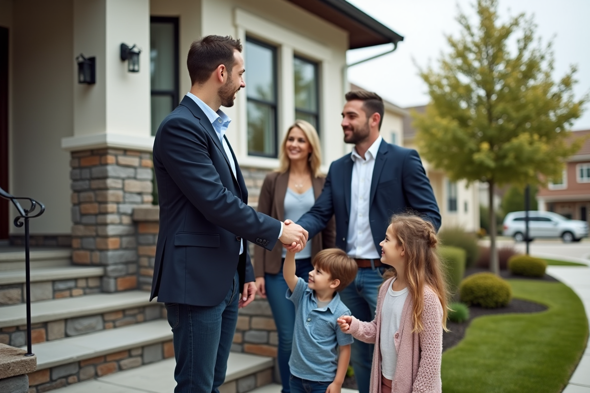 Agent immobilier saluant une famille devant une maison rénovée