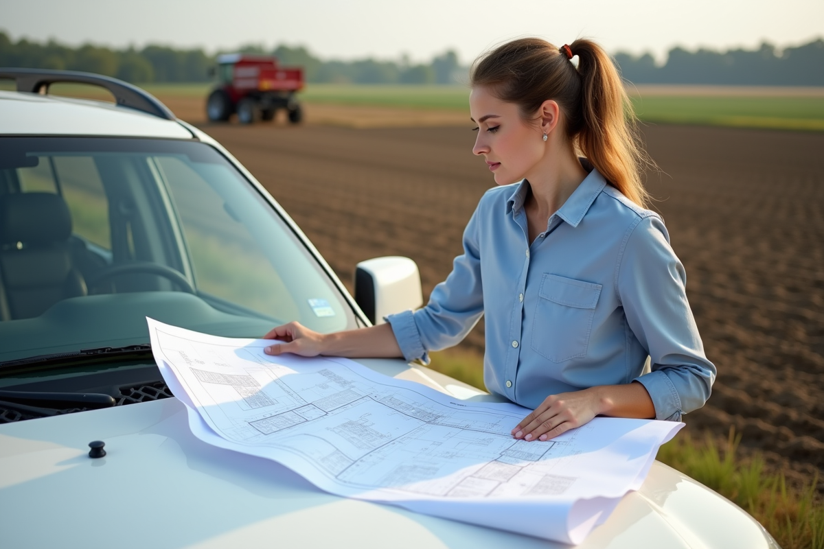 Jeune femme agronome examinant des plans sur une voiture