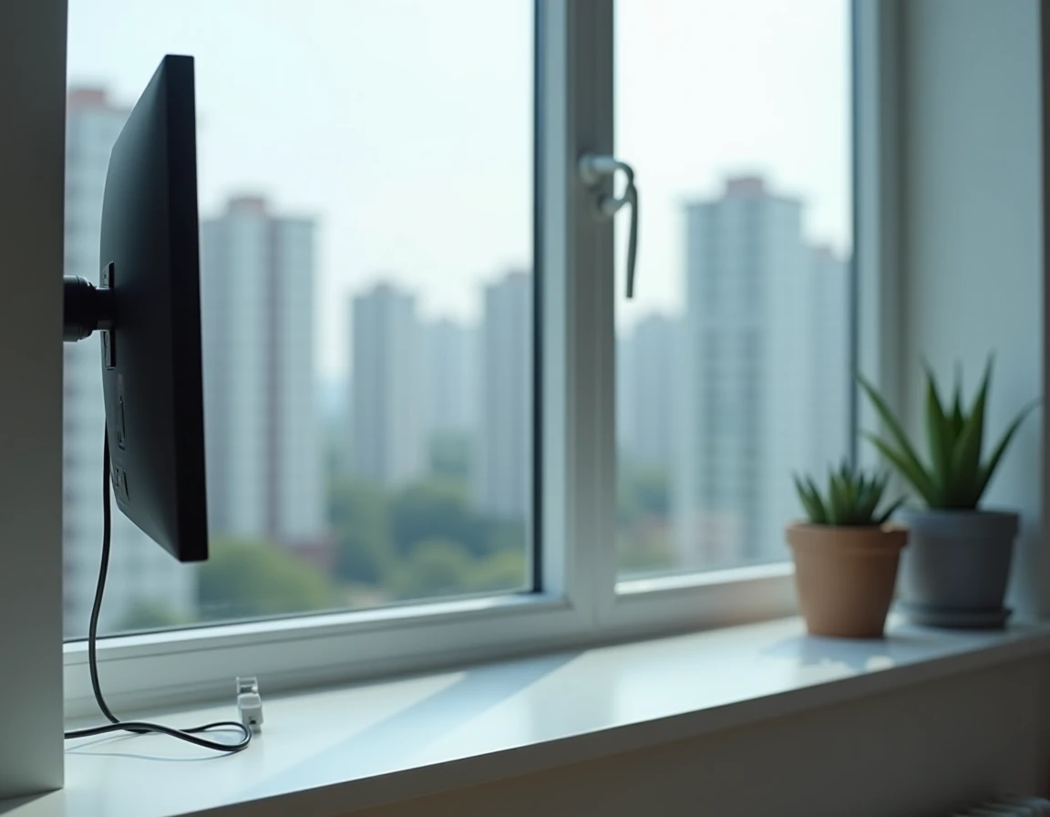 Antenne TNT intérieure plate posée sur le rebord d'une fenêtre avec vue sur la ville