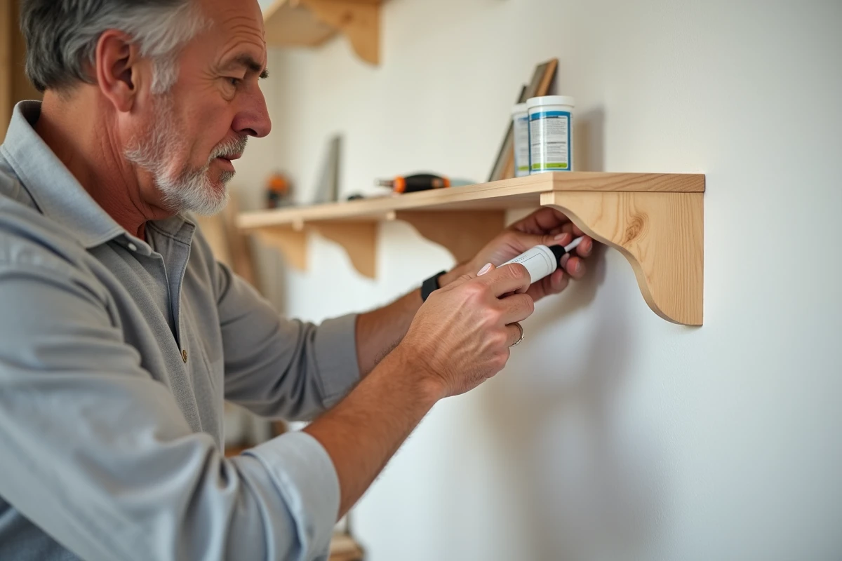 Homme appliquant de la colle Ni Vis Ni Clou sur une équerre en bois contre un mur blanc dans un atelier