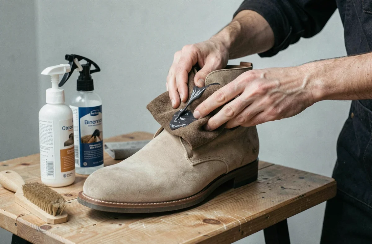 Application de crème grasse sur une botte en nubuck beige par des mains artisanales en atelier de cordonnerie