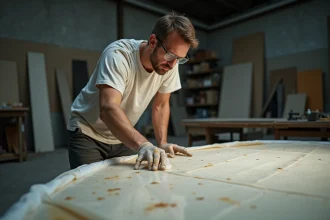 Artisan appliquant de la toile en fibre de verre avec de la résine époxy dans un atelier de construction