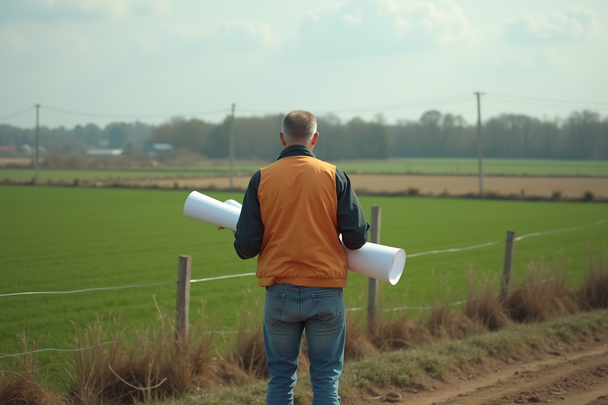 Architecte homme regardant un terrain agricole en plein air