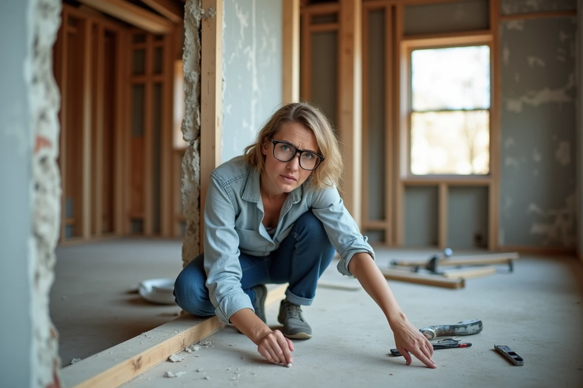 Architecte féminine inspectant des poutres inattendues révélées lors de la démolition d'un mur non porteur dans une maison en rénovation