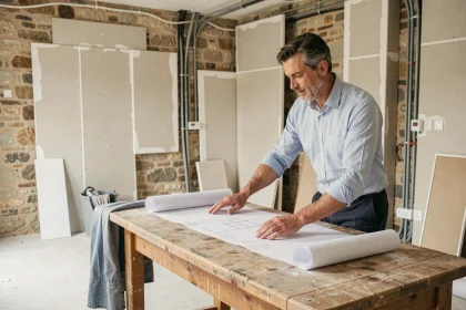 Architecte examinant des plans de rénovation dans une maison en cours de travaux en Occitanie