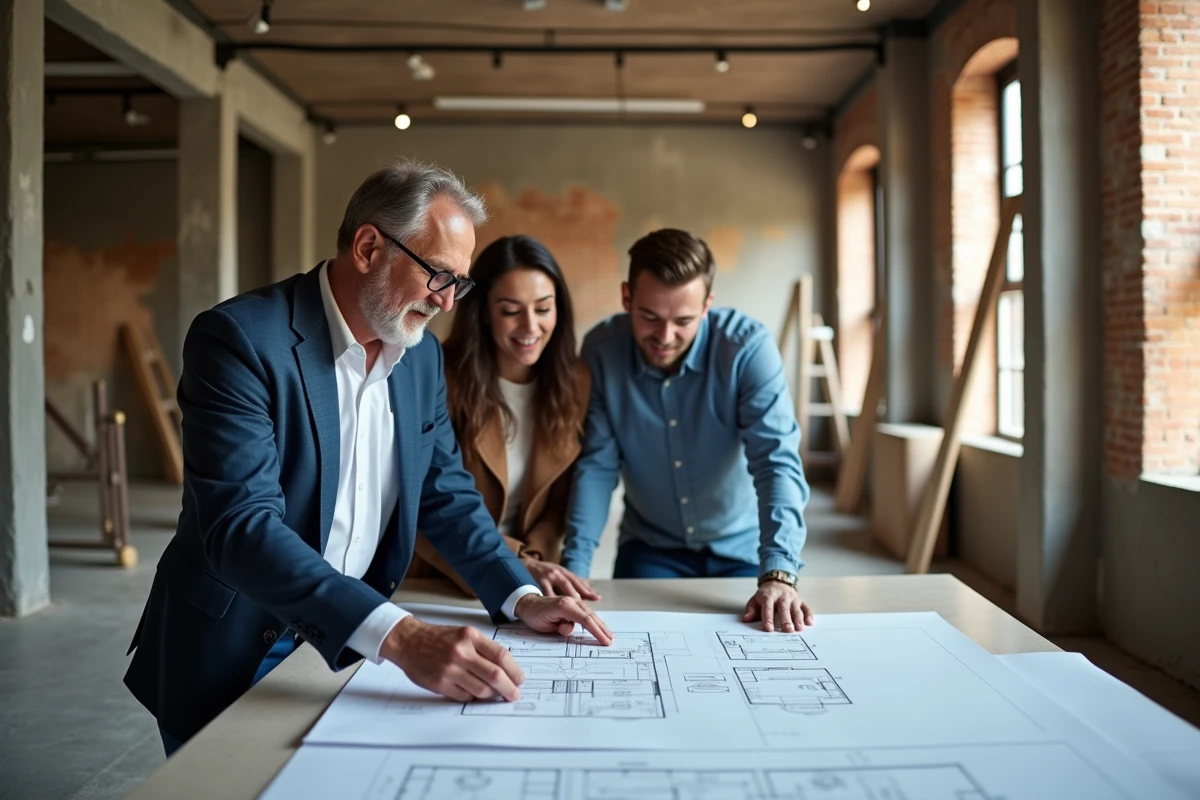 Architecte et couple discutant plans dans un loft en rénovation