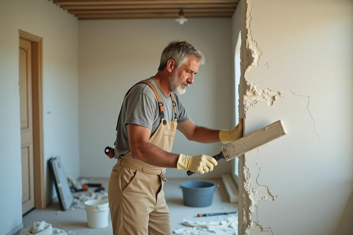 Artisan appliquant du map enduit de rebouchage sur un mur endommagé avec une spatule large, dans un chantier de rénovation intérieure