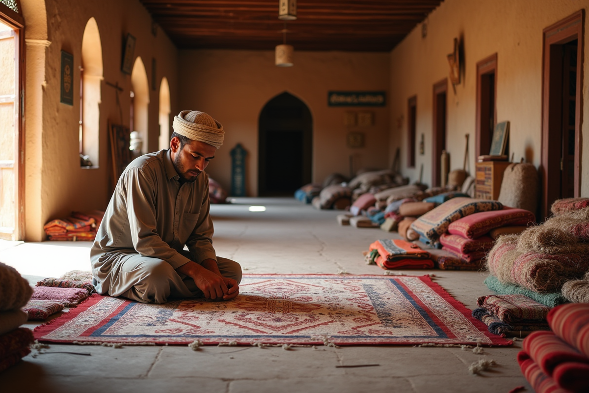 Jeune artisan marocain tissant un tapis dans son atelier lumineux