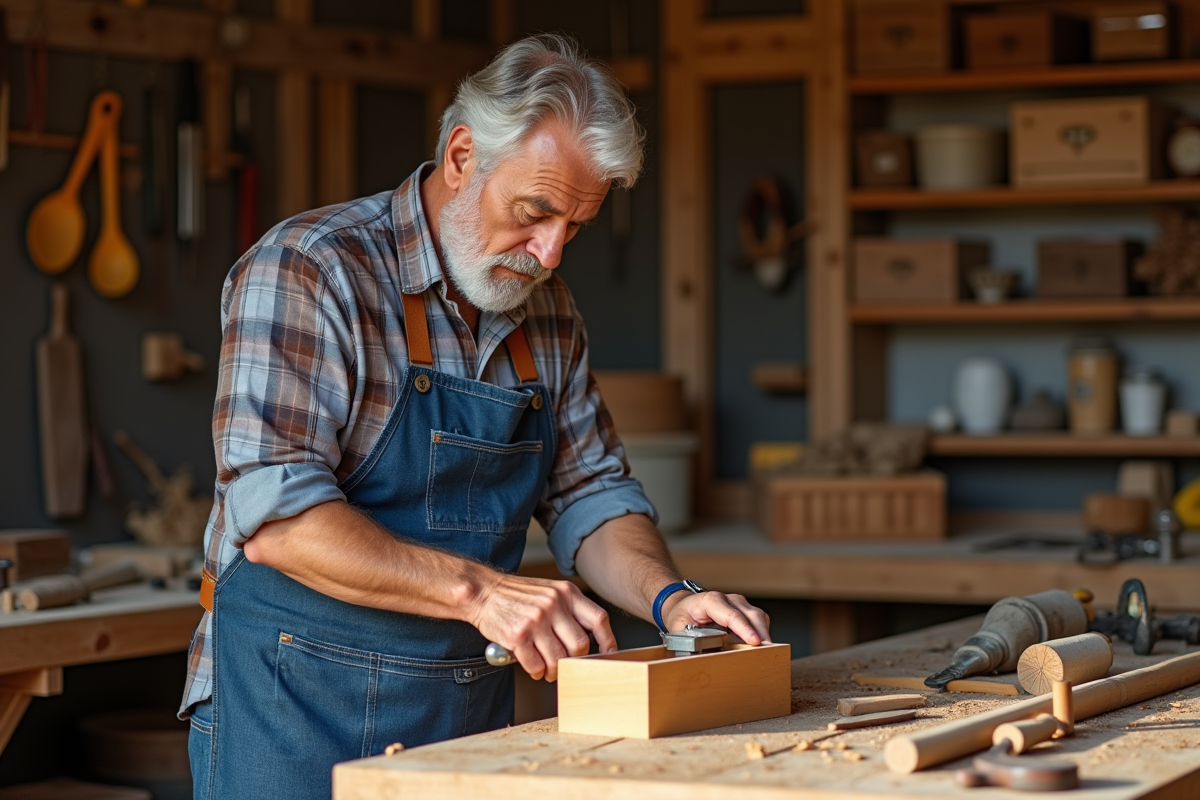 Artisan homme sélectionnant un outil dans son atelier lumineux