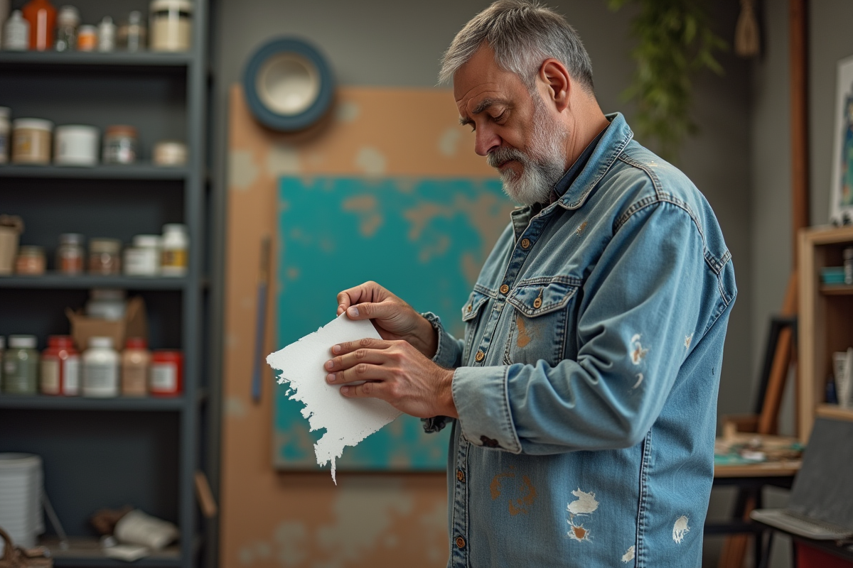 Artiste homme en vêtements tachés examinant un pochoir déchiré dans son atelier