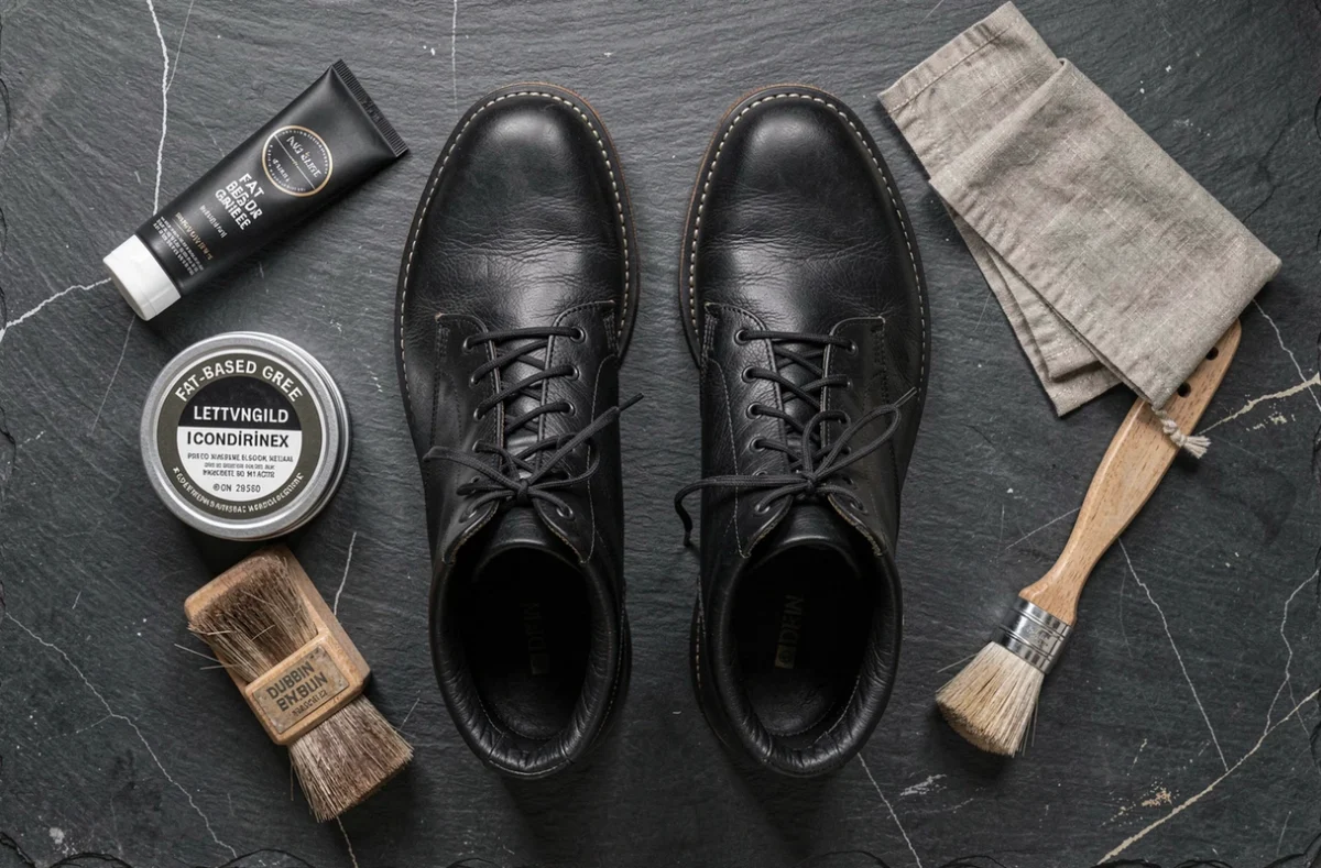 Vue du dessus d'un assortiment de graisses pour chaussures en cuir noir avec brosses et produits d'entretien sur ardoise