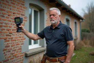 Auditeur thermique inspectant la façade d'une maison ancienne avec une caméra infrarouge lors d'un audit énergétique