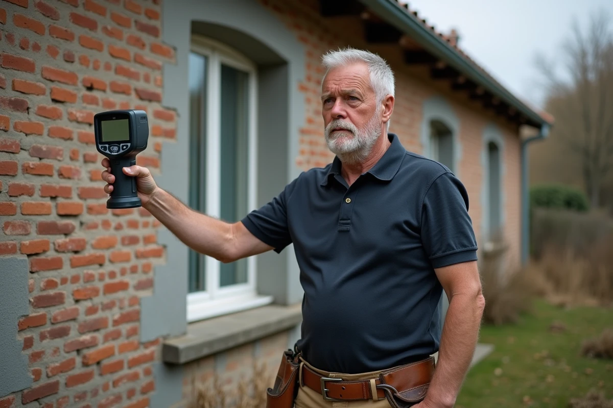 Auditeur thermique inspectant la façade d'une maison ancienne avec une caméra infrarouge lors d'un audit énergétique