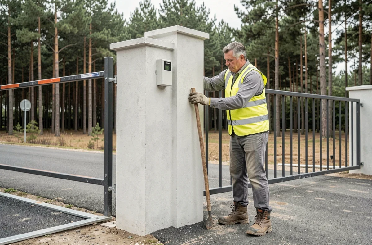 Maçon polyvalent d'Automatismes Sud Gironde travaillant sur des piliers de portail en béton