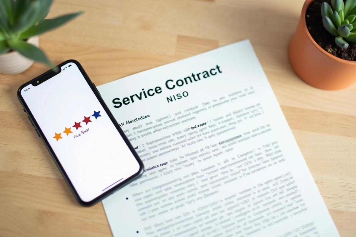 Avis cinq étoiles sur smartphone et contrat signé symbolisant les garanties de prestation sur Stootie