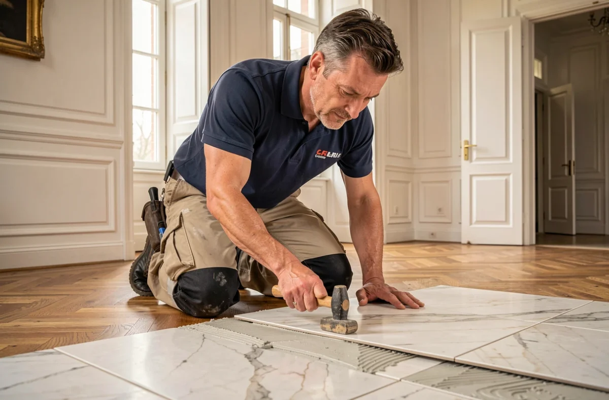 Artisan de Bonvin Aménagement posant des carreaux grand format en marbre dans une maison française haut de gamme
