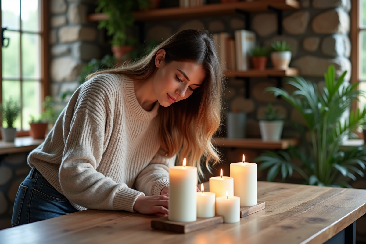 Femme arrangeant des bougies blanches dans une maison chaleureuse