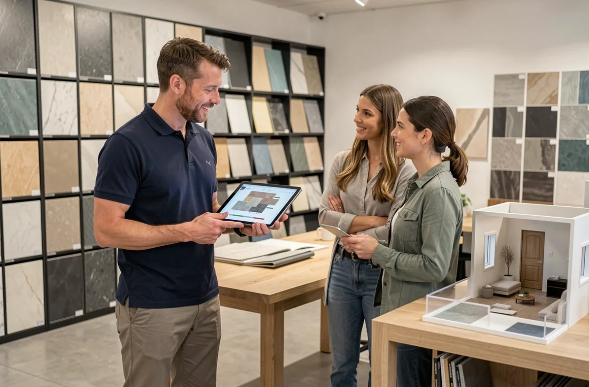 Consultant de Carrelage Concept Tours présentant des simulations de pose de carrelage sur tablette à un couple dans un studio de design à Tours