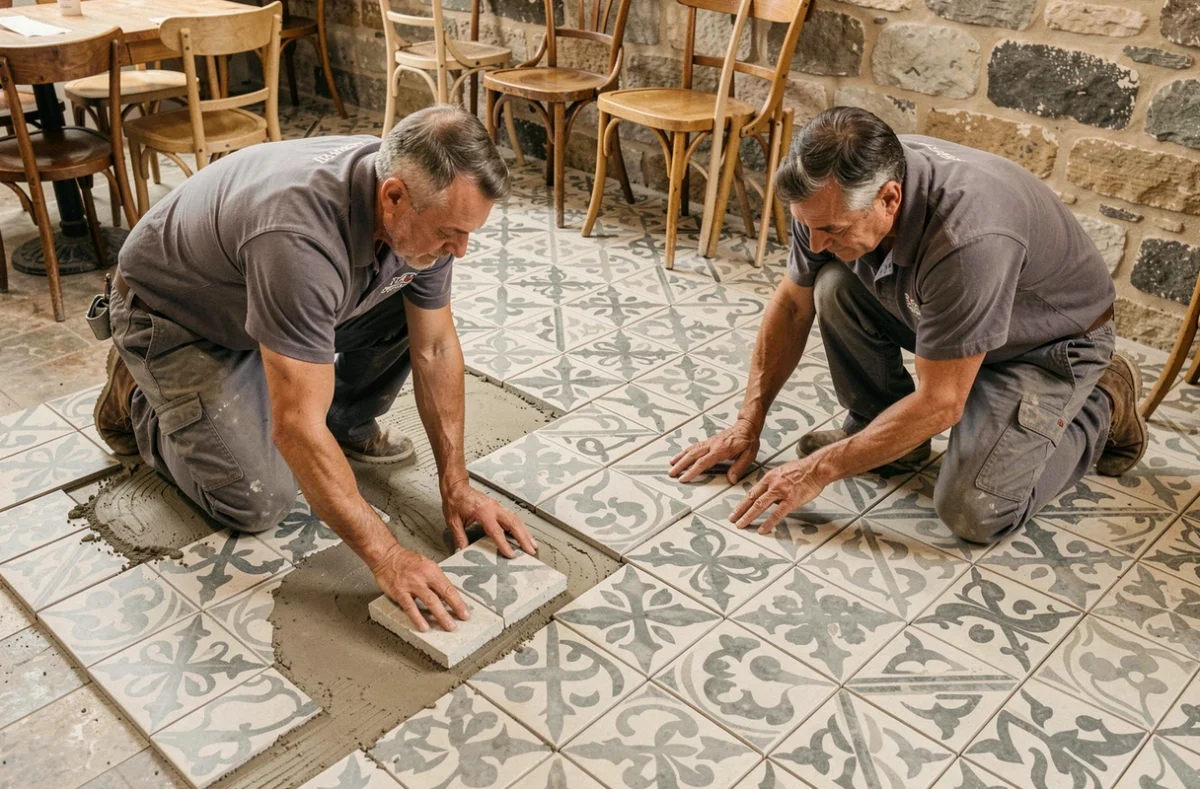 Équipe de Carrelage Services posant des carreaux en ciment encaustique à motifs dans le sol d'un restaurant français en cours de rénovation