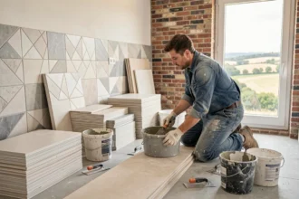 Carreleur professionnel au travail dans une cuisine moderne en Centre-Val de Loire, entouré de carreaux céramiques et d'outils de pose