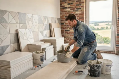 Carreleur professionnel au travail dans une cuisine moderne en Centre-Val de Loire, entouré de carreaux céramiques et d'outils de pose