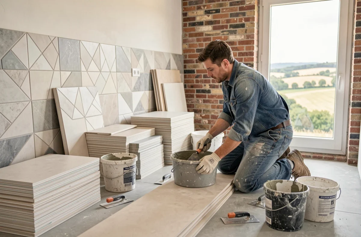 Carreleur professionnel au travail dans une cuisine moderne en Centre-Val de Loire, entouré de carreaux céramiques et d'outils de pose