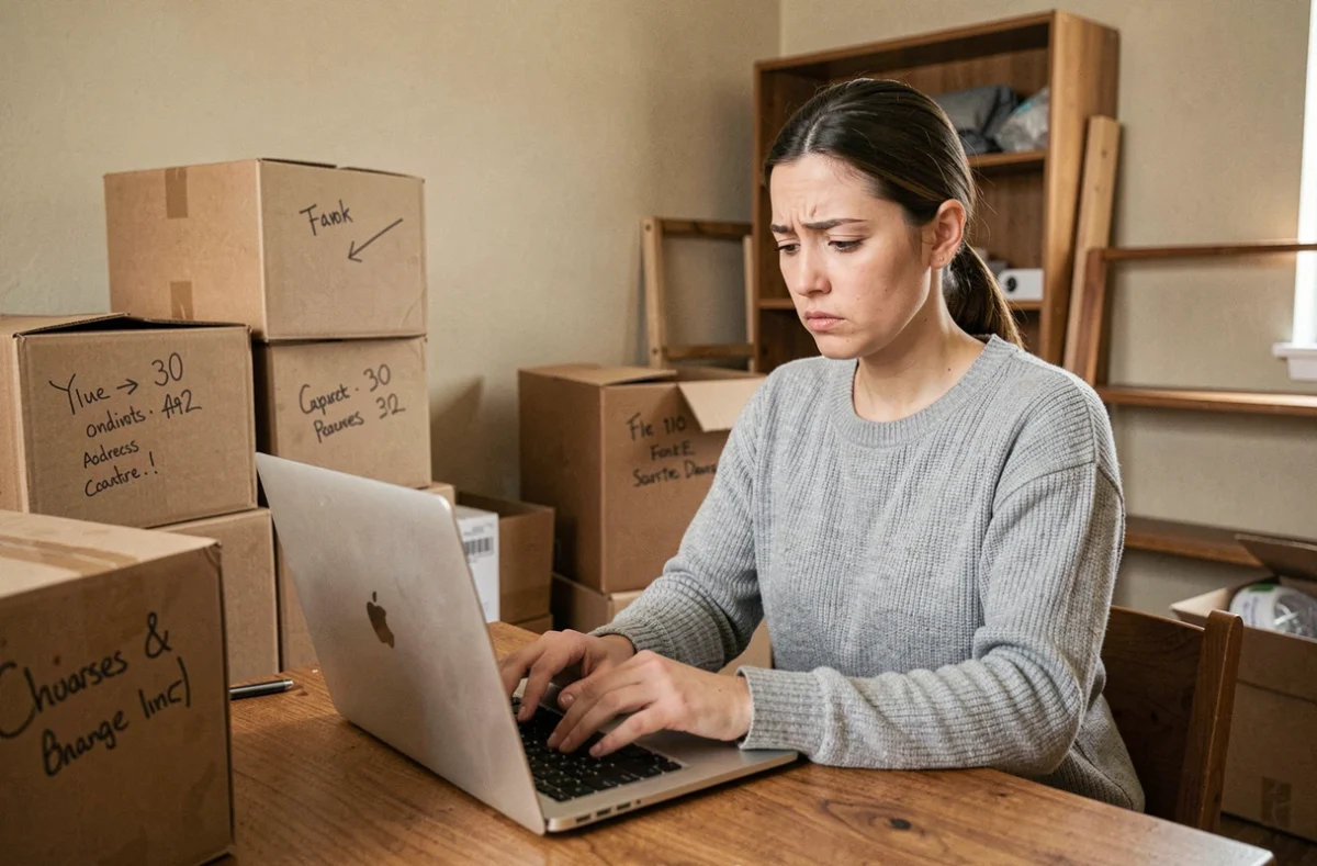 Femme en train de faire un changement d'adresse en ligne entourée de cartons de déménagement