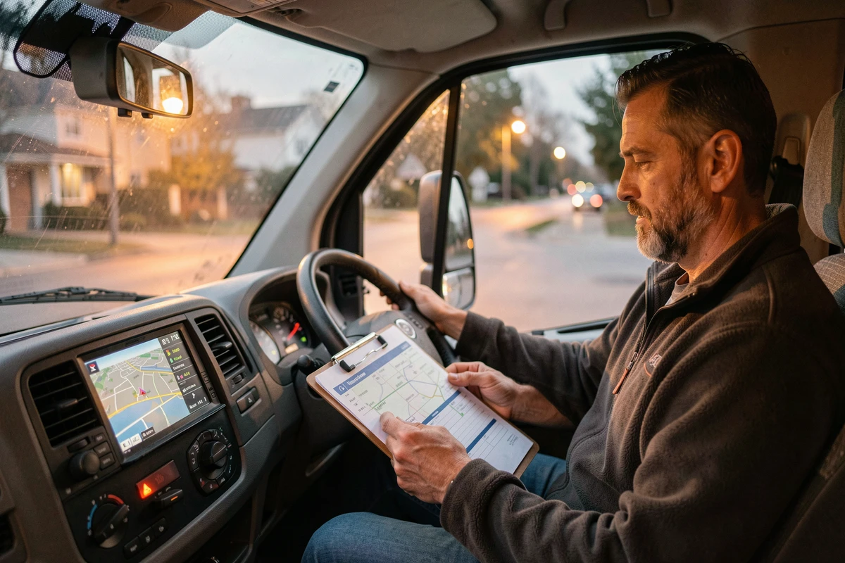Chauffeur de taxi meuble consultant un planning de livraison dans sa cabine le soir