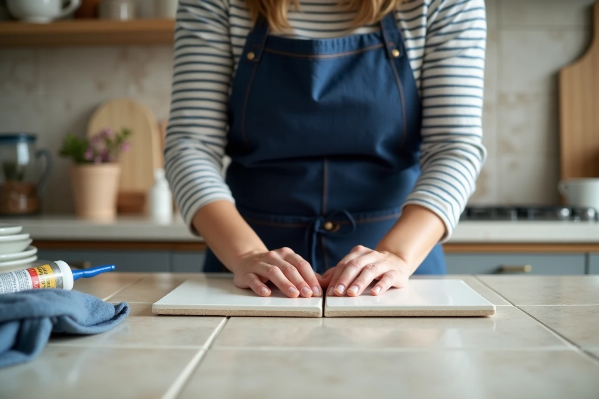 Femme collant des carreaux de céramique avec de la colle forte dans une cuisine, solution quand le collage ne tient pas