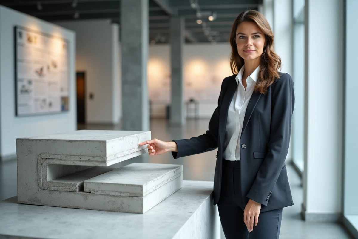 Architecte comparant une dalle sur plot et une dalle pleine béton en showroom de matériaux