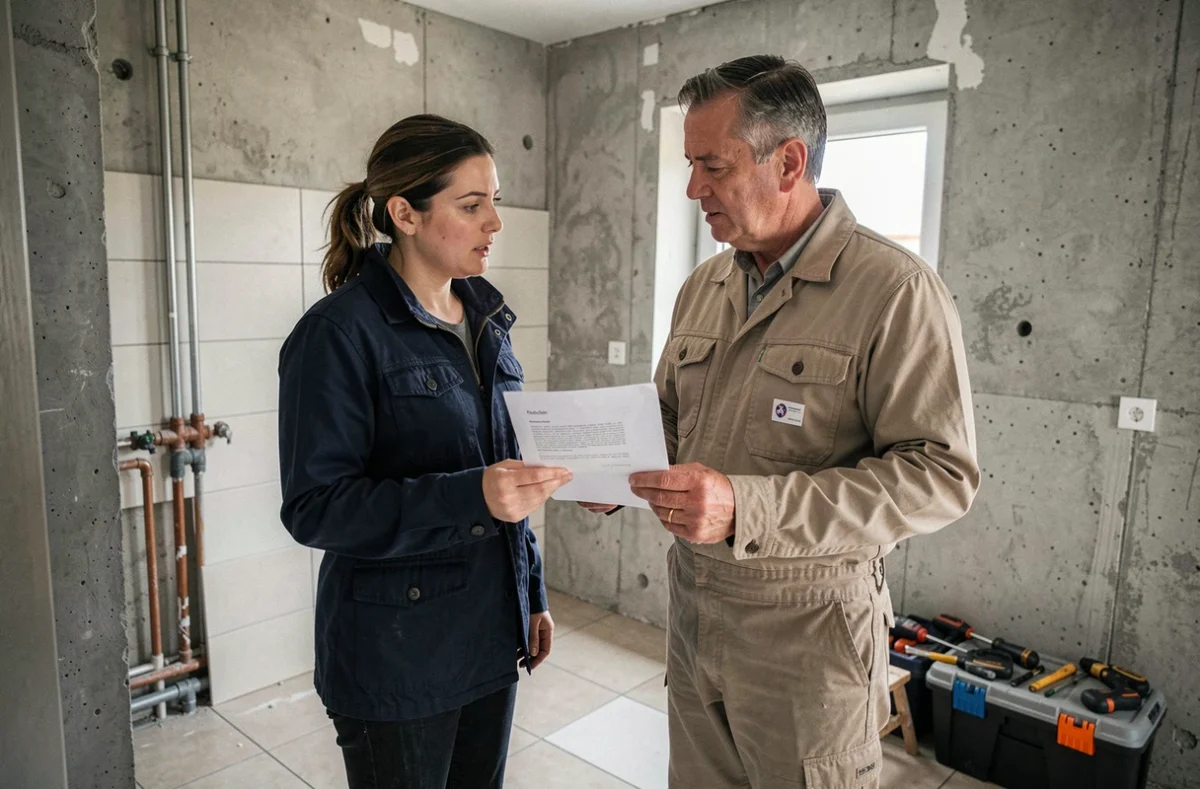 Une femme et un artisan examinent ensemble un devis de travaux de salle de bain lors d'une visite de chantier