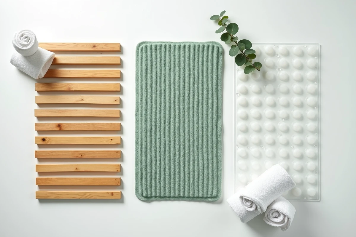 Vue du dessus de trois tapis antidérapants de salle de bain en bambou, microfibre et PVC transparent sur sol blanc