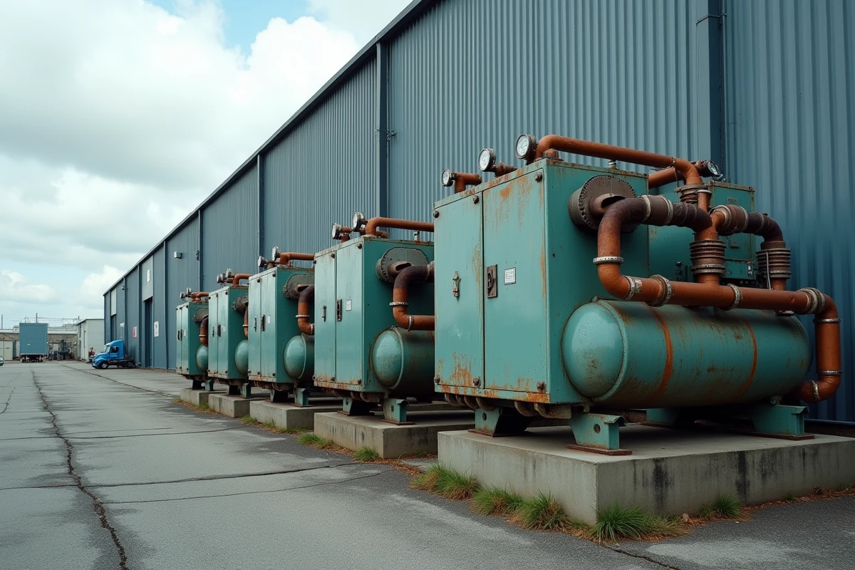 Unités de compression frigorifique industrielles montées sur une plateforme béton dans une zone logistique