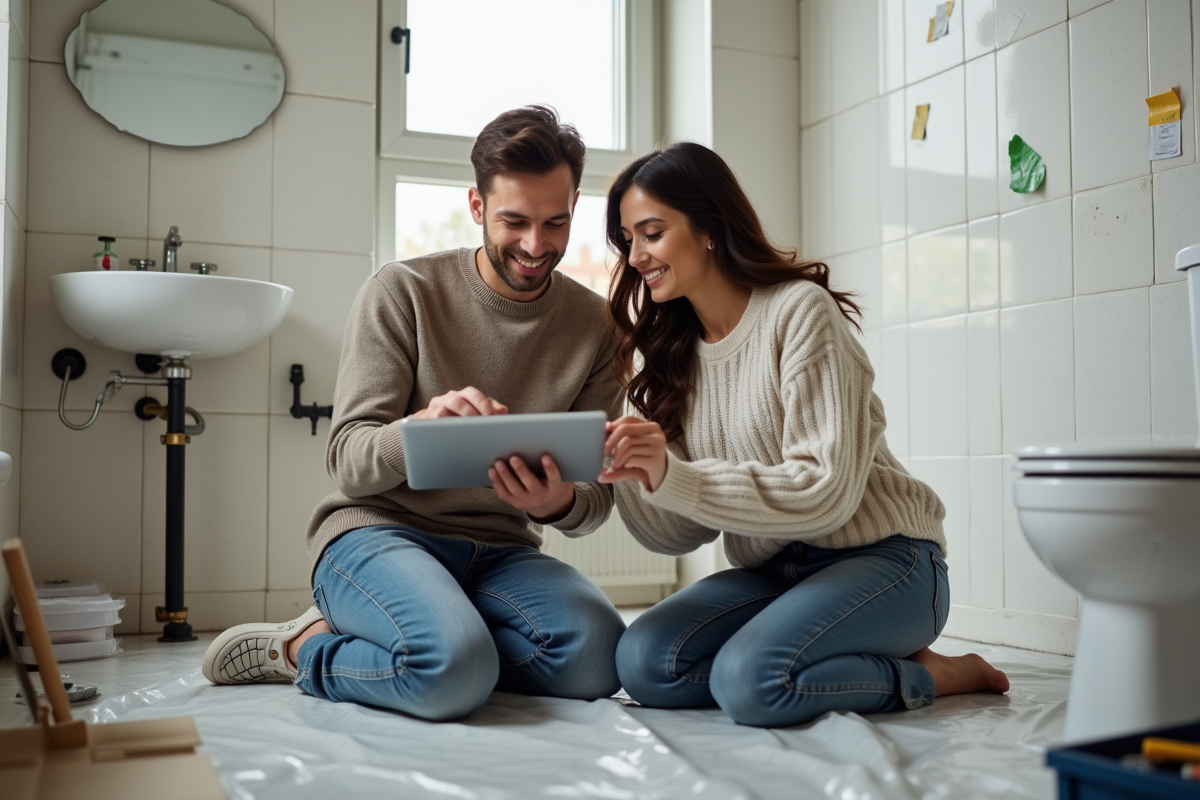 Jeune couple calculant leurs dépenses dans une salle de bain en travaux