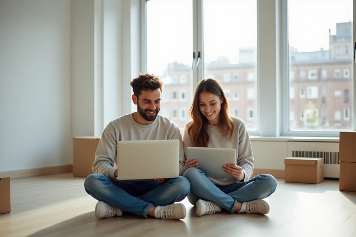 Couple consultant une checklist de déménagement en ligne sur un ordinateur portable dans un appartement vide et fraîchement rénové
