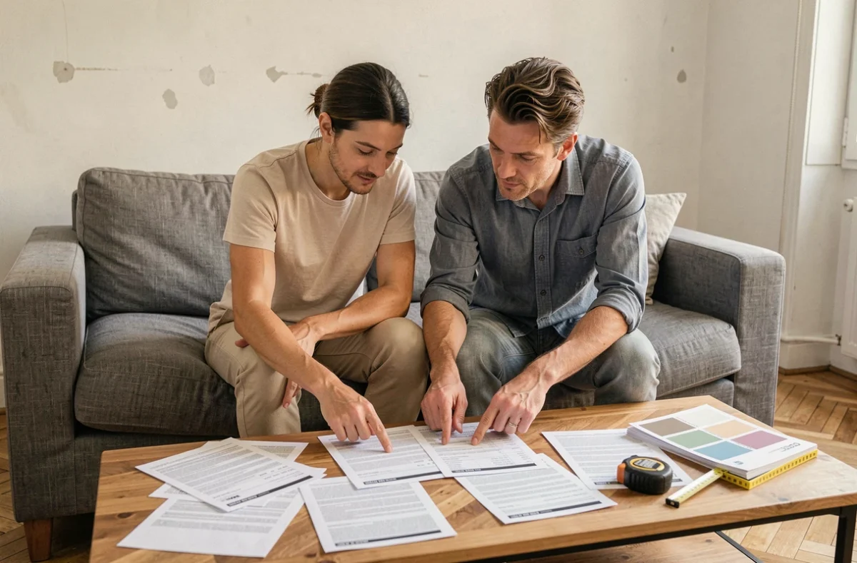 Un couple compare plusieurs devis travaux imprimés sur une table basse dans leur appartement avant des travaux de rénovation