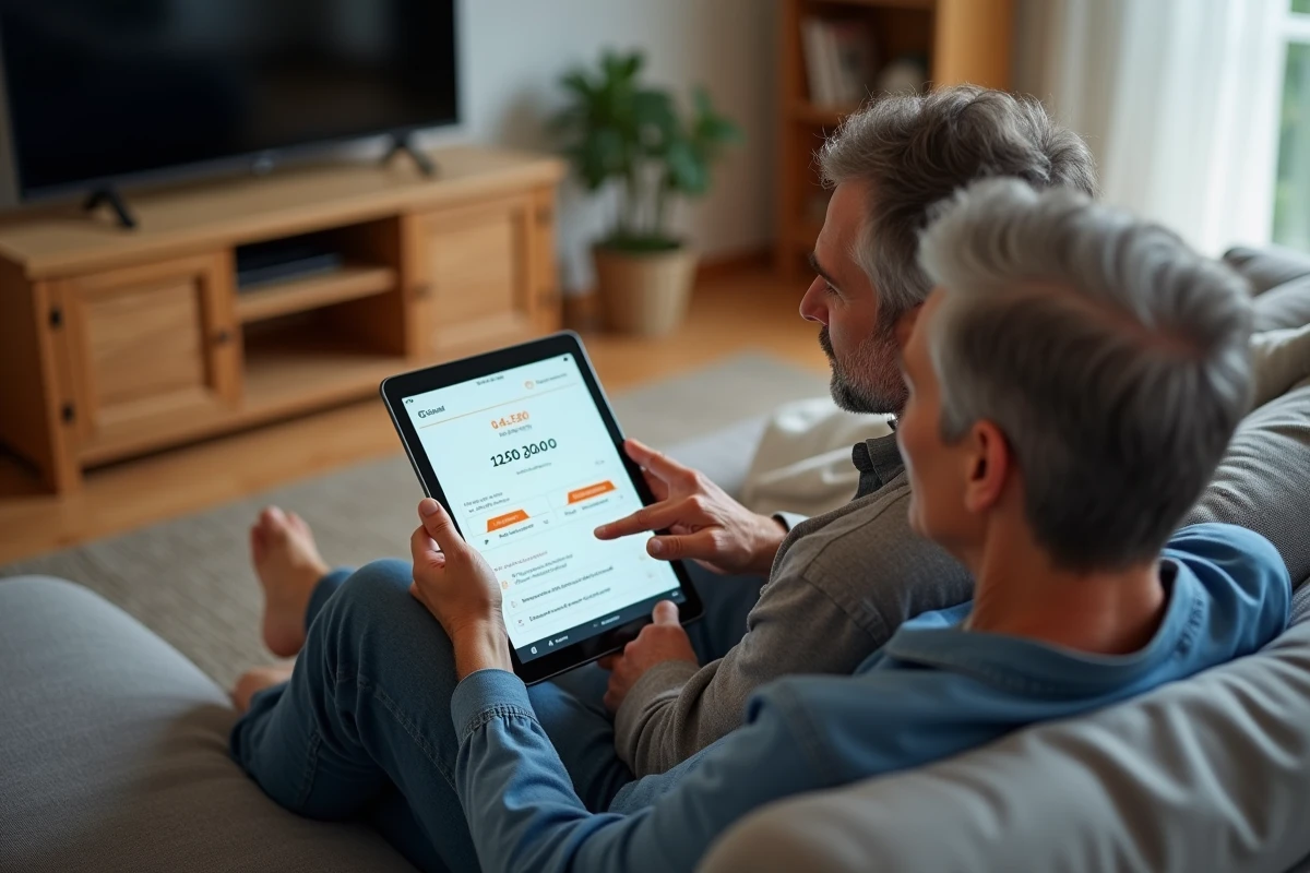Couple consultant leur facture EDF et leur consommation en euros sur une tablette dans le salon grâce à un calculateur en ligne