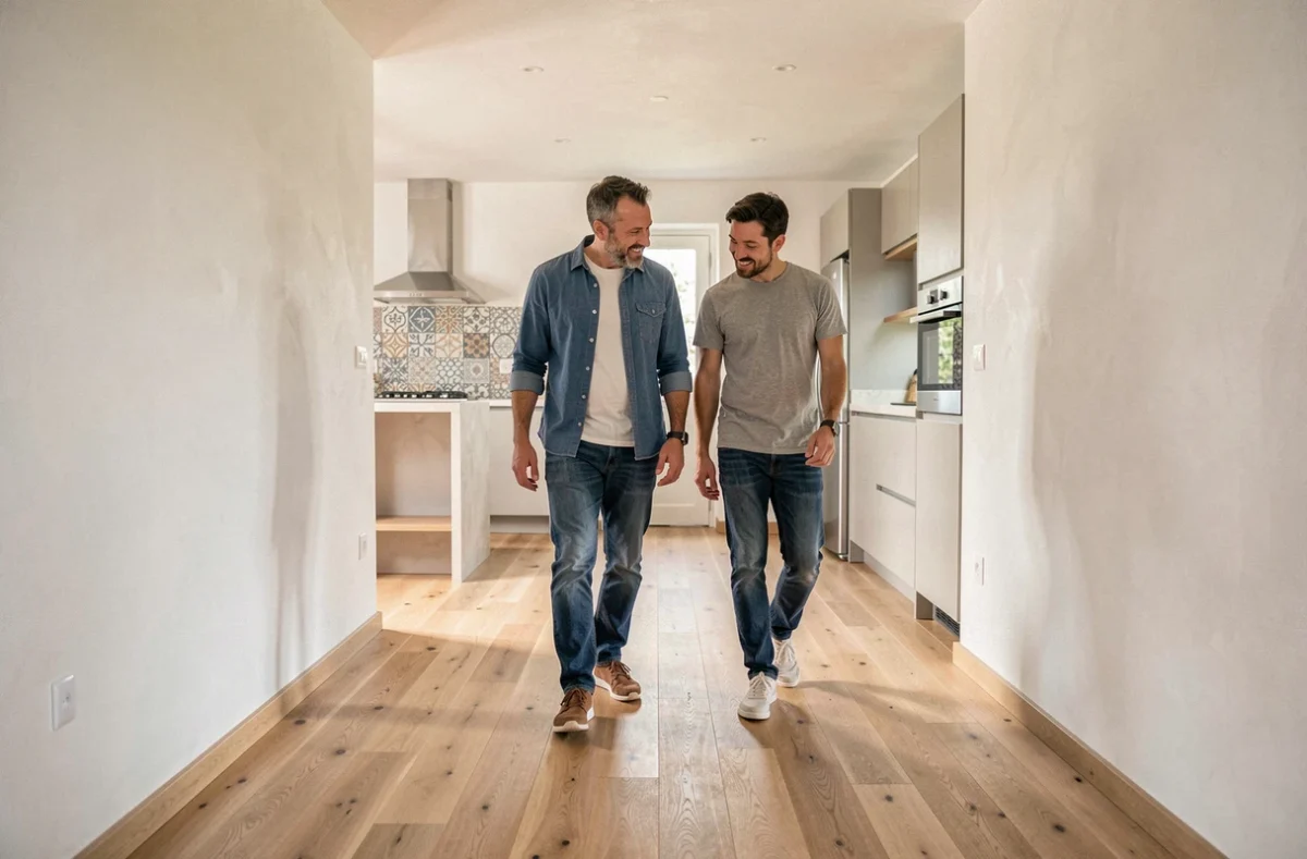 Couple visitant un intérieur rénové clé en main avec parquet et cuisine moderne en Occitanie