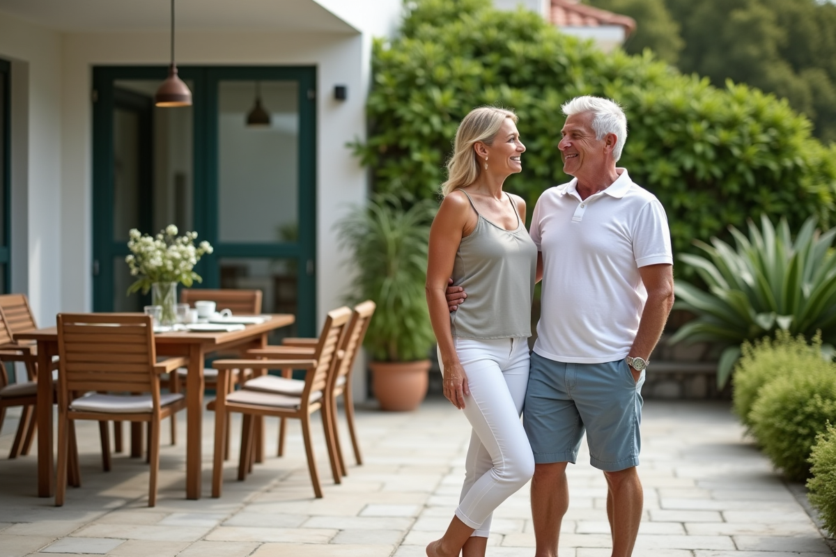 Couple d'adultes discutant sur leur terrasse en été