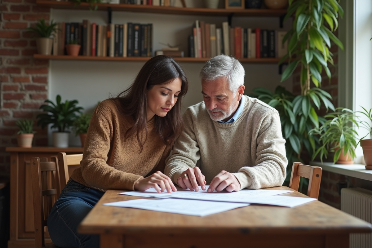 Couple examinant des plans de rénovation à la maison