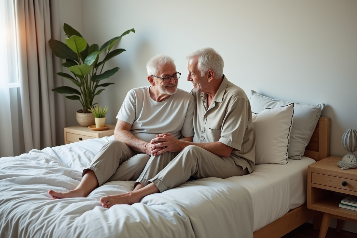 Couple senior discutant confortablement sur un lit moderne