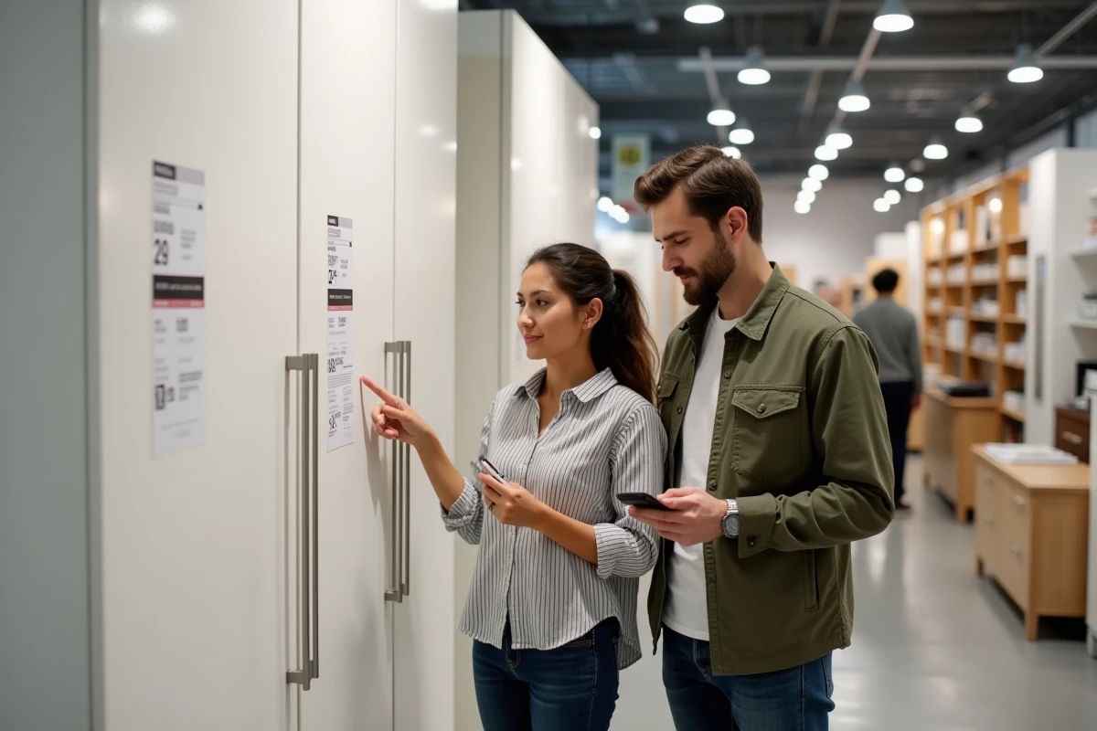Couple lisant les dimensions sur l'étiquette d'une armoire en magasin BUT pour éviter les erreurs de mesure