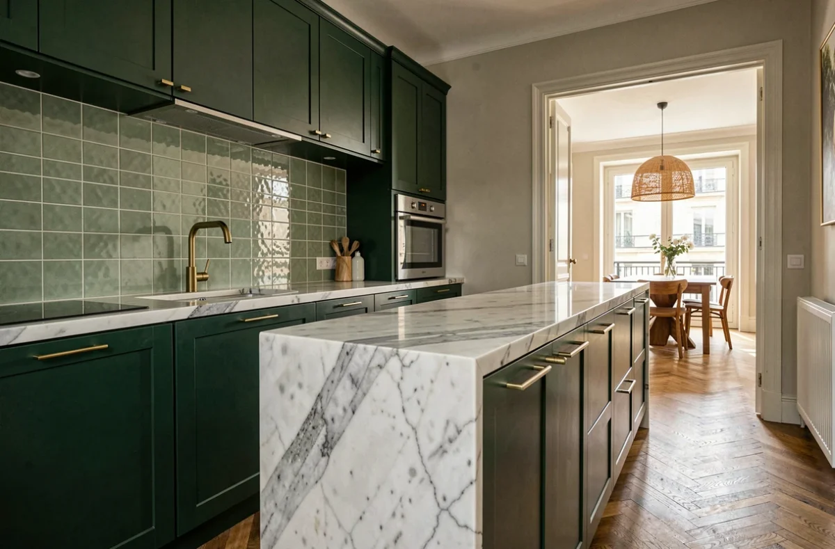 Cuisine design à Lyon avec armoires vert forêt, plan de travail en marbre Calacatta et crédence en zellige vert sauge dans un appartement du 6ème arrondissement