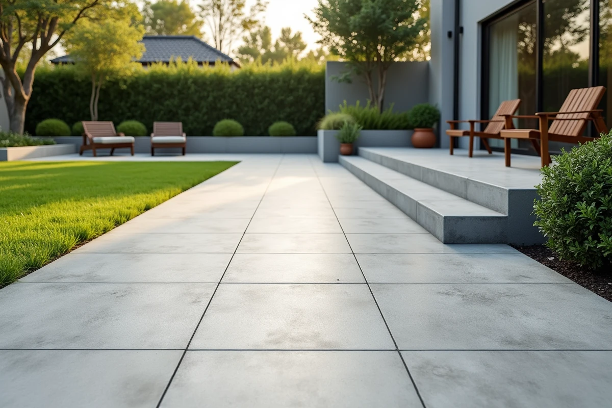 Terrasse en dalle pleine béton coulée dans un jardin résidentiel moderne