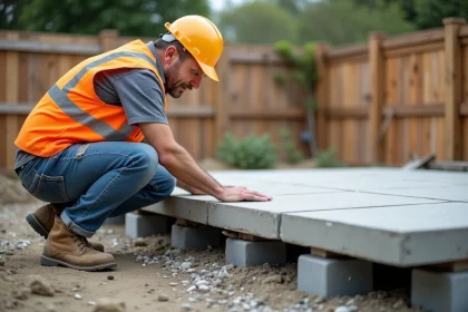 Ouvrier inspectant une dalle sur plot béton dans un chantier de terrasse résidentielle