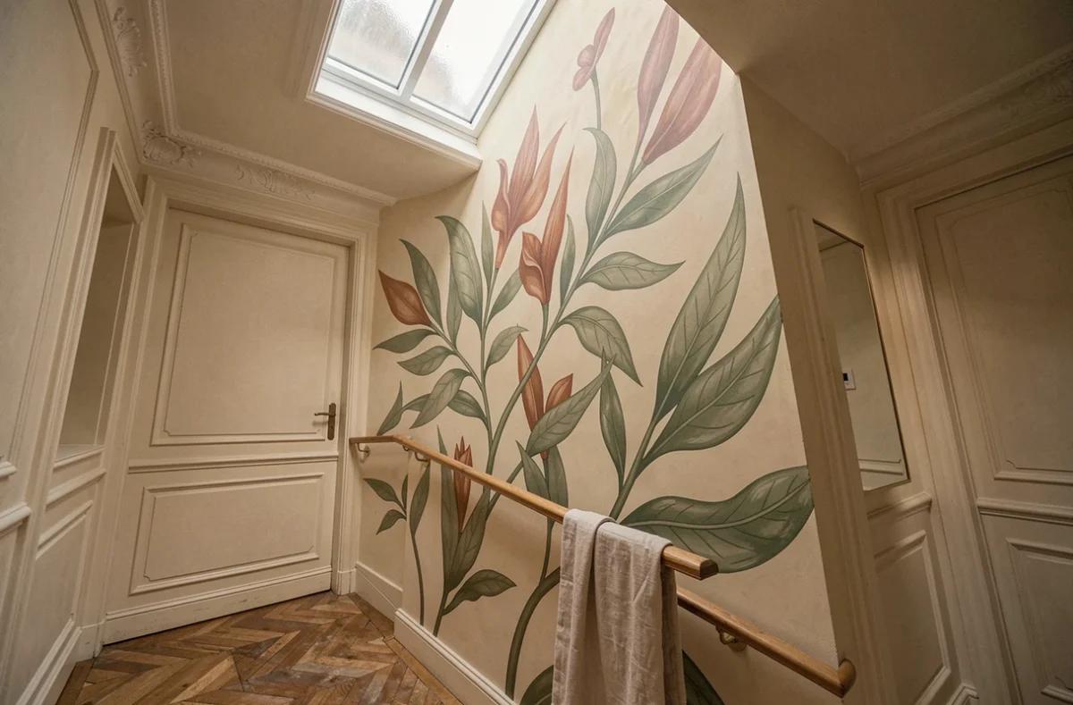 Décoration murale botanique dans une cage d'escalier de style haussmannien avec peinture végétale sage et terracotta
