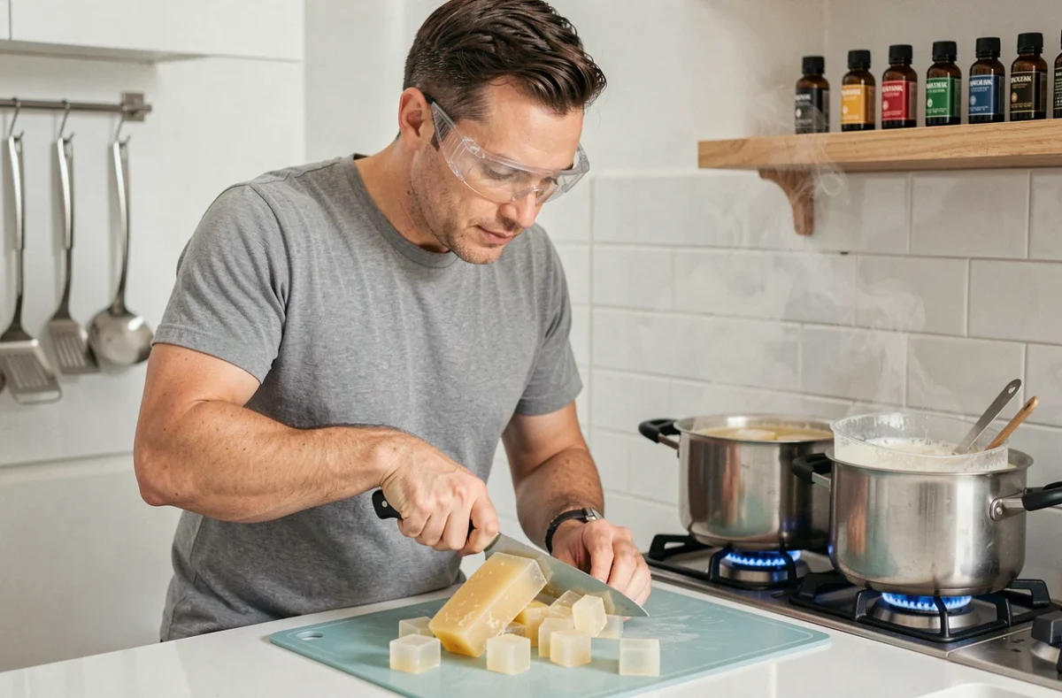 Homme découpant une base de savon glycériné avant de la faire fondre dans un bain-marie pour réaliser des savons remoulés maison