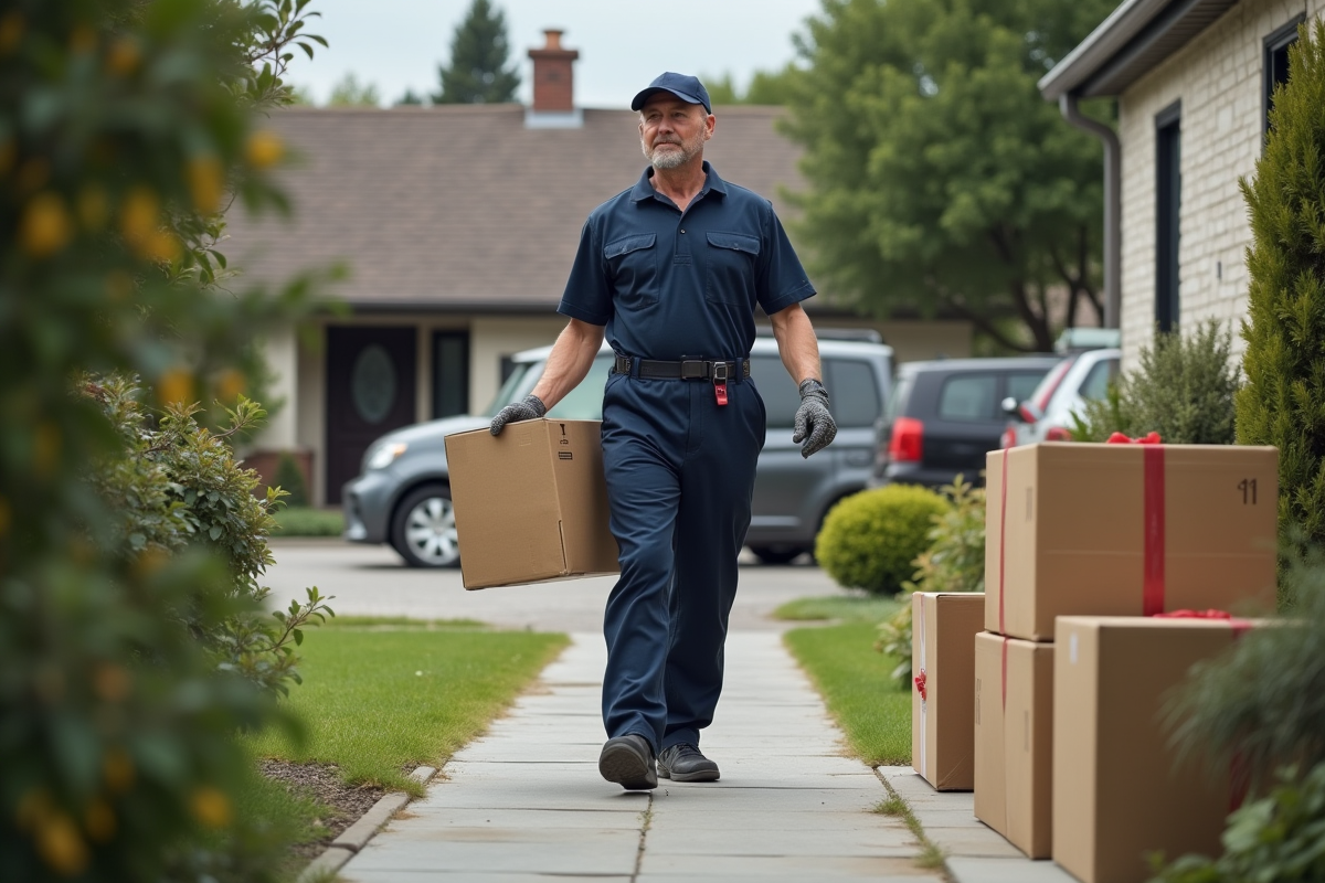 Demenageur professionnel portant une grande caisse dans la cour
